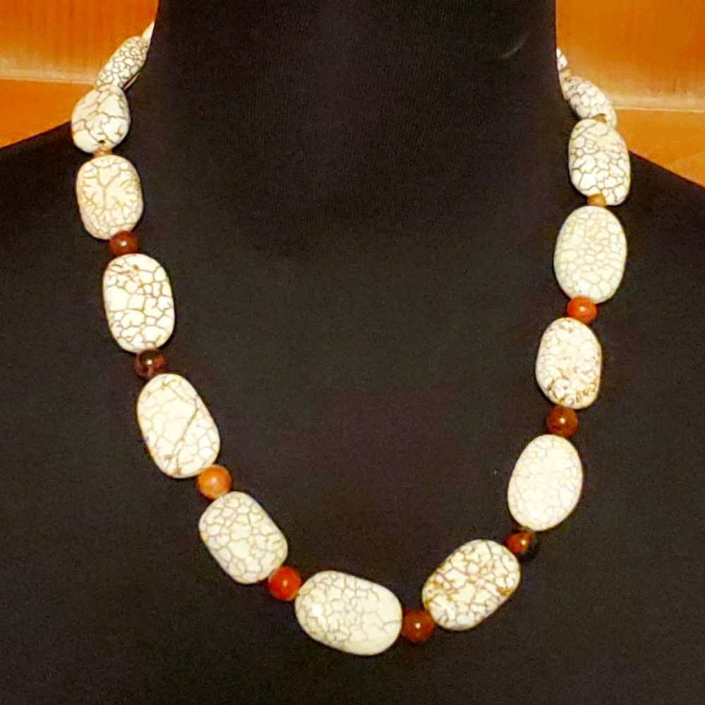 White Crackle & Gem Stone Bead Necklace
